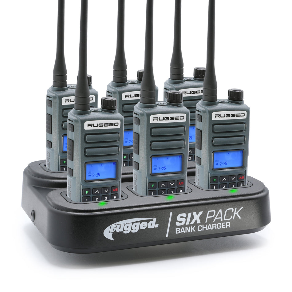6 Pack - Rugged GMR2 PLUS - GMRS and FRS Two Way Handheld Radios with Bank Charger