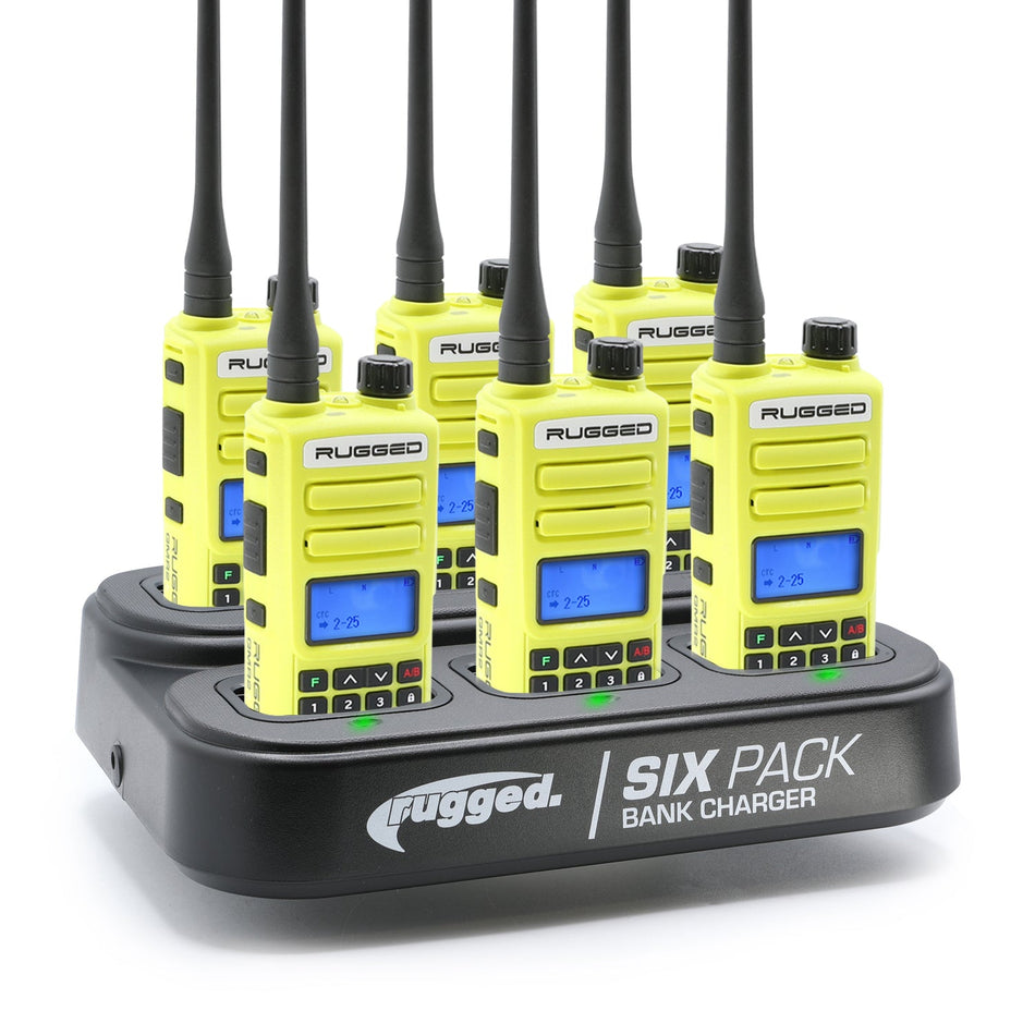6 Pack - Rugged GMR2 PLUS - GMRS and FRS Two Way Handheld Radios with Bank Charger