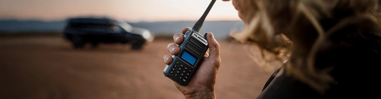 GMRS/FRS handheld radios (Rugged GMR2 PLUS) with flashlight, weather channels, and FM radio capability