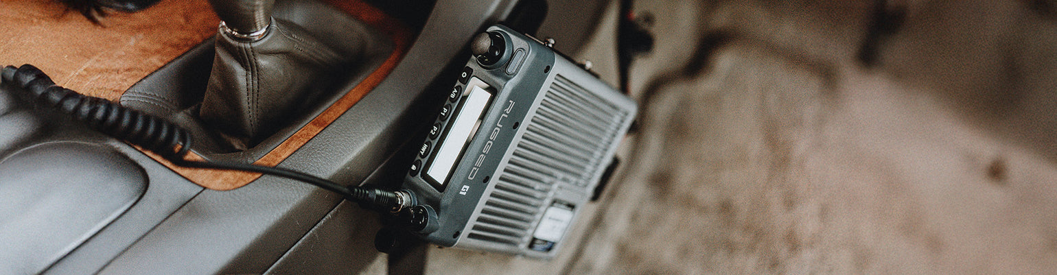 GMRS mobile radios (G1, GMR25, Rambler G4) with waterproof housing, powerful display, and vehicle antenna kit