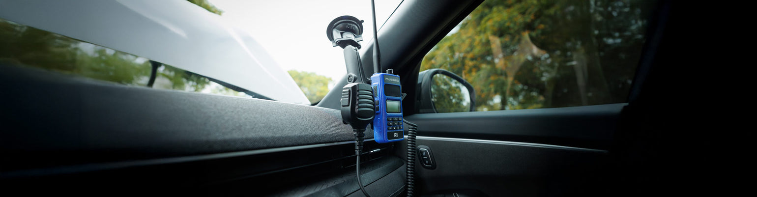 Durable handheld radio mounts and storage bags including RAM mount, grab bar mount, nylon pouch, and aluminum box