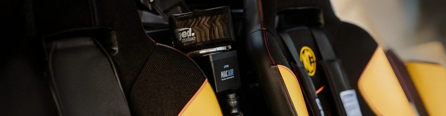 Helmet air pumper systems and accessories—MAC Air pump, variable-speed controller, hoses, mounts, filters, and MagLock quick-release