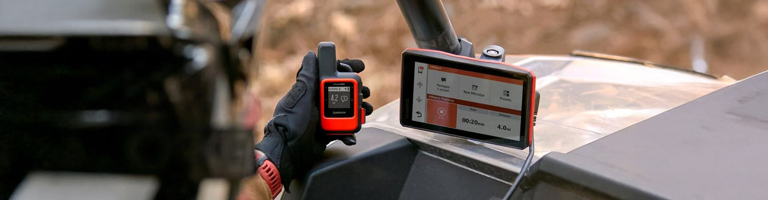 Rugged off‑road GPS systems—including Garmin Tread, Tread XL (Baja Race and Chase editions), Montana 700i, inReach Mini 2, Lowrance Elite units—and accessories like power cables, external antennas, magnetic mounts, Tread docks, and screen protectors.