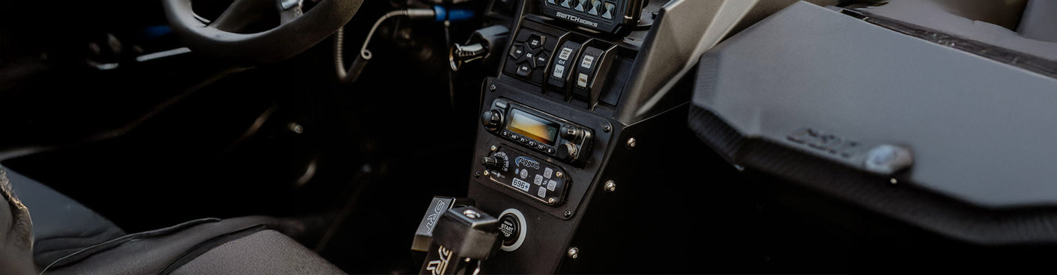 UTV-specific radio and intercom mounting brackets—Roll‑bar mounts for UTV and cargo layouts for a factory dash finish