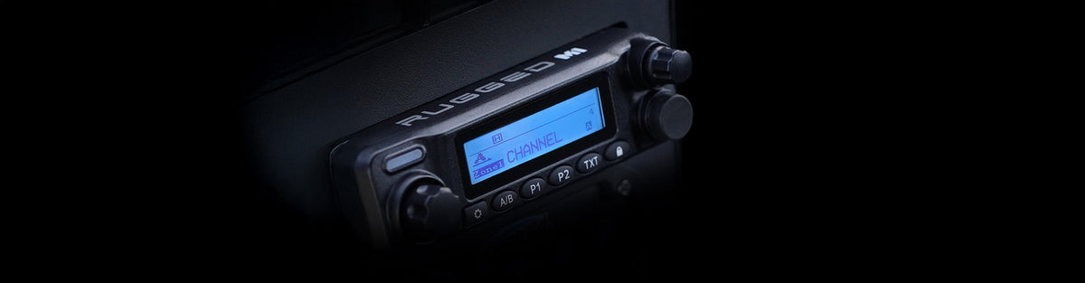Waterproof GMRS and Business‑Band mobile radios with accessories like antennas, power cables, speakers, filters, and dash mounts