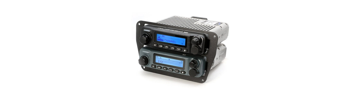 Universal dash inserts and mounting plates—powder-coated steel or billet aluminum mounts for intercoms, mobile radios (e.g., Rugged M1, GMR45), with optional switch holes or dual‑radio capability”